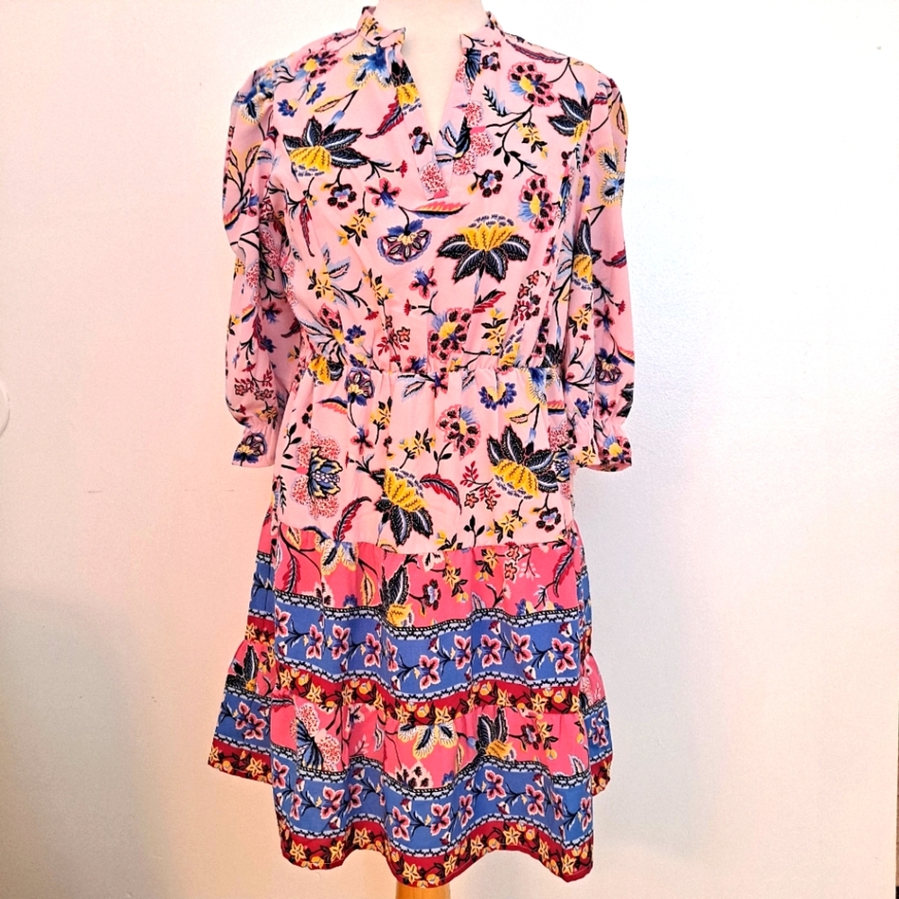 Rubienn Dress Pink, Ruffles, Easy Wear, Elastic Waist, Sleeves, Floral Large
